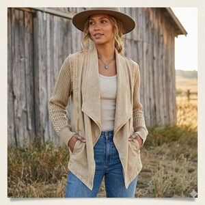 NWT Natural Reflections Acid Wash Cardigan Camel Knit Sleeves Mixed Media XL